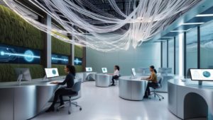 Ingénieurs réseau travaillant dans un data center moderne et éco-responsable, avec câblage optique, écrans de supervision et éléments technologiques durables, illustrant la transition numérique à l’ère de l’IA.